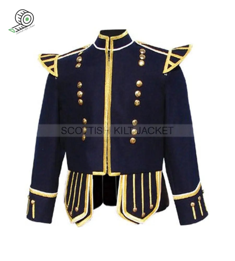 Navy Blue Pipe Band Doublet With Gold Braid White Piping And Front Zip Closure Jacket