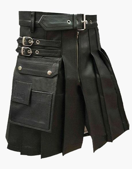 Modern Black Leather Kilt with Pleated Design - Scottish Kilt Jacket™ USA-UK