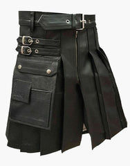 Modern Black Leather Kilt with Pleated Design - Scottish Kilt Jacket™ USA-UK