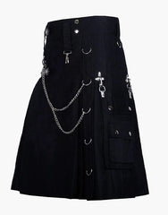 CHARMING UTILITY KILT IN PURE BLACK WITH CHAINS - Scottish Kilt Jacket™ USA-UK