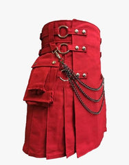 RED GOTHIC UTILITY KILT WITH CHAINS - RED CANVAS KILT - Scottish Kilt Jacket™ USA-UK
