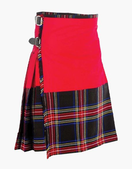RED COTTON HYBRID KILT WITH BLACK STEWART TARTAN - scottish kilt jacket