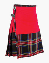 RED COTTON HYBRID KILT WITH BLACK STEWART TARTAN - scottish kilt jacket