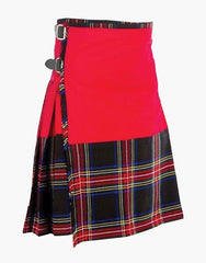 RED COTTON HYBRID KILT WITH BLACK STEWART TARTAN - scottish kilt jacket