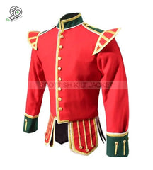 Red Wool Pipe Band Doublet With Green Collar Epaulets And Cuffs Jacket