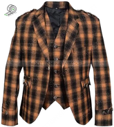 Scottish Black And Orange Wool Argyll Argyle Kilt Jacket With Waistcoat Vest