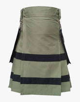 UTILITY KILT IN OLIVE GREEN WITH LEATHER STRAPS - Scottish Kilt Jacket™ USA-UK