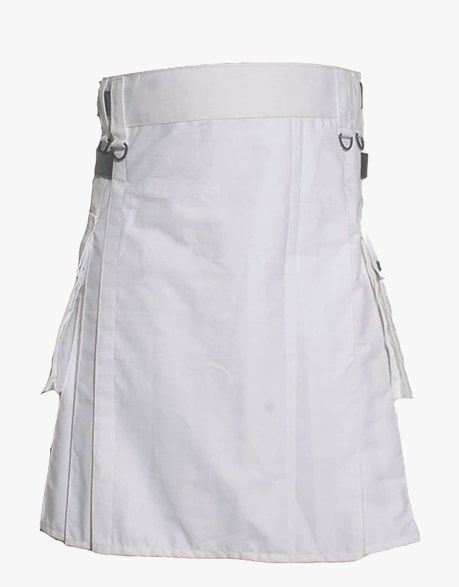 UTILITY KILT IN WHITE WITH LEATHER STRAPS - Scottish Kilt Jacket™ USA-UK