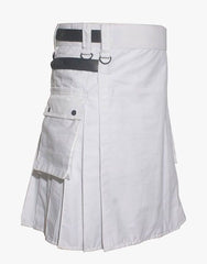 UTILITY KILT IN WHITE WITH LEATHER STRAPS - Scottish Kilt Jacket™ USA-UK