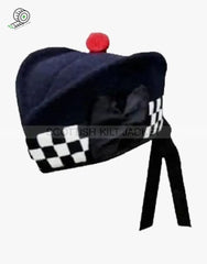 100% Genuine Wool Diced Black And White Glengarry Hat In Navy Blue Scottish Hats