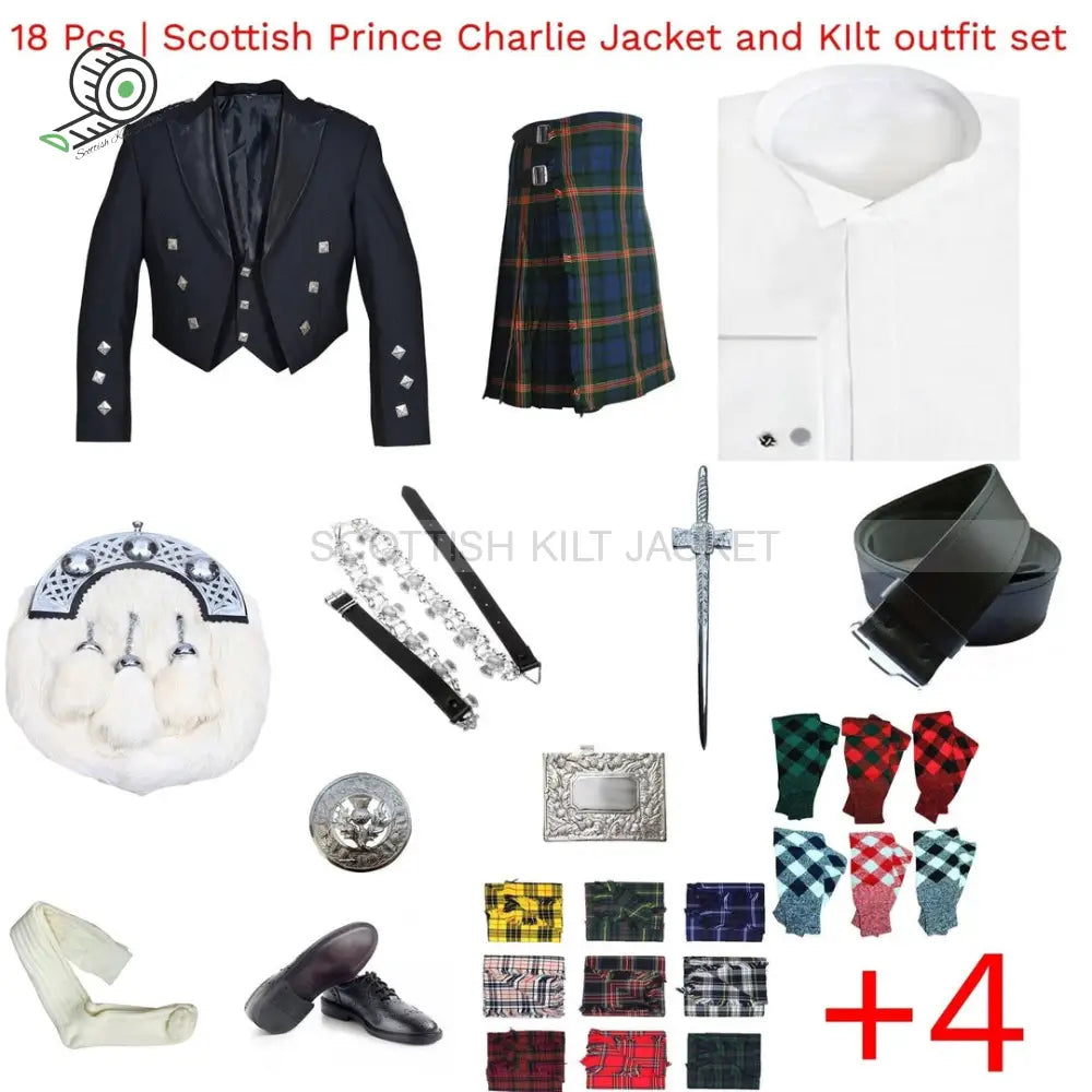 18-Piece Scottish Prince Charlie Jacket Vest And Kilt Set Jackets