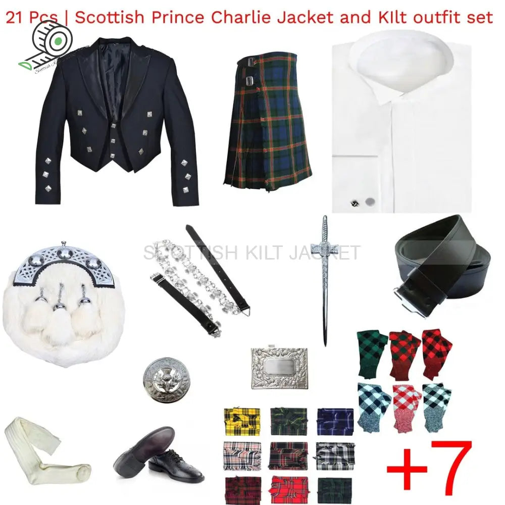 21-Piece Scottish Prince Charlie Jacket Vest And Kilt Set Jackets