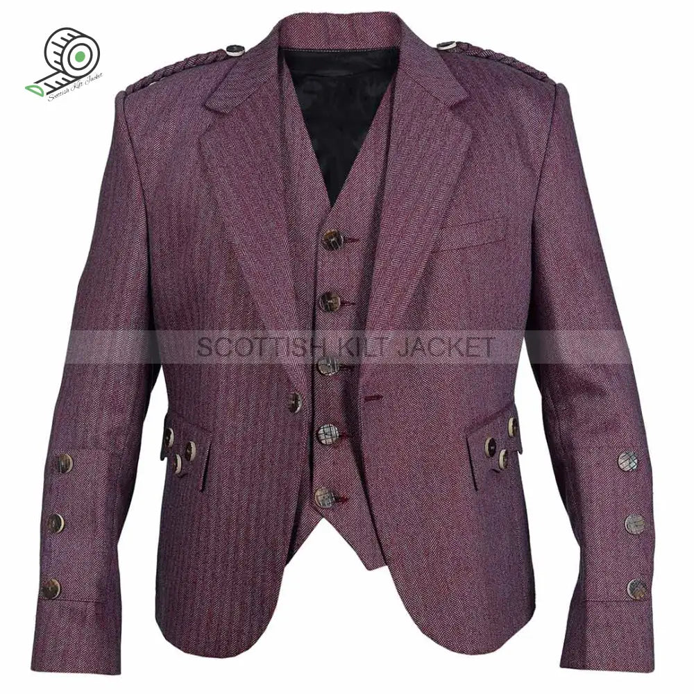 Argyll Jacket Made Of Maroon Pure Wool With A Waistcoat And Vest Tweed Kilt Jackets