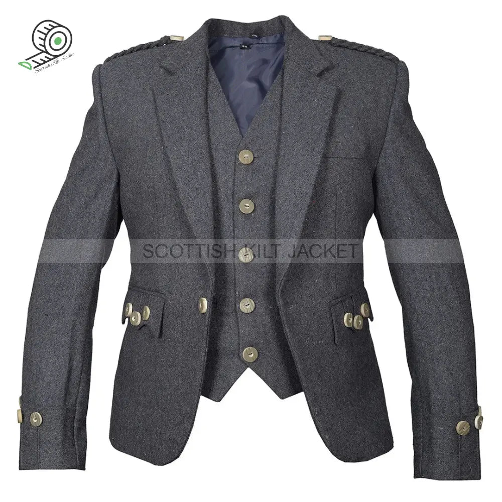 Argyll Wool Blazer In Grey With Vest Five Buttons Tweed Kilt Jackets