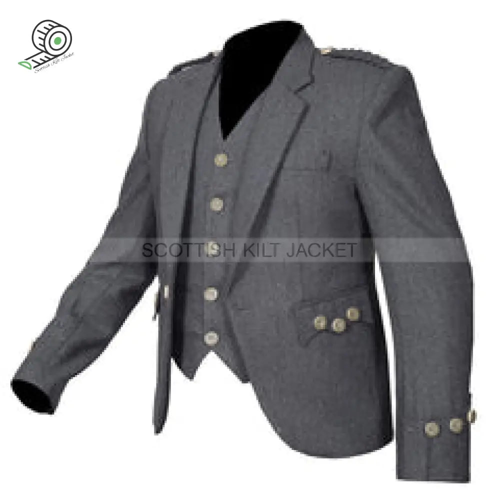 Argyll Wool Blazer In Grey With Vest Five Buttons Tweed Kilt Jackets