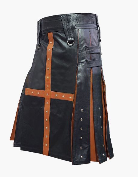 CROSS STRAP LEATHER KILT IN BLACK AND BROWN - Scottish Kilt Jacket™ USA-UK