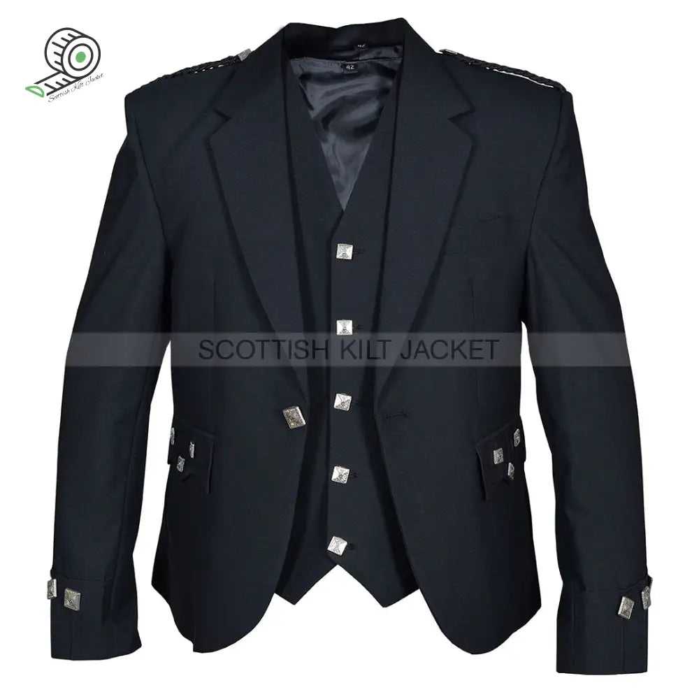 Black Barathea Wool Argyll Jacket With Five Button Vest And Gauntlet-Style Cuffs Tweed Kilt Jackets