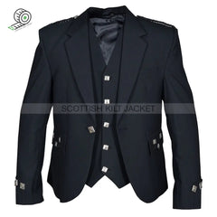 Black Barathea Wool Argyll Jacket With Five Button Vest And Gauntlet-Style Cuffs Tweed Kilt Jackets