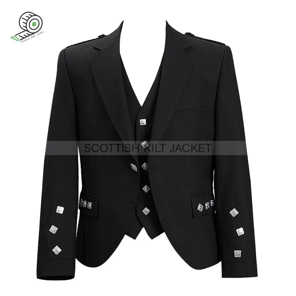 Black Barathea Wool Fabric Argyll Jacket With Five Button Tweed Kilt Jackets