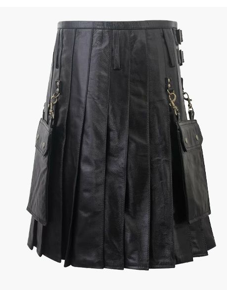 DETACHABLE POCKETS IN A BLACK LEATHER KILT - Scottish Kilt Jacket™ USA-UK