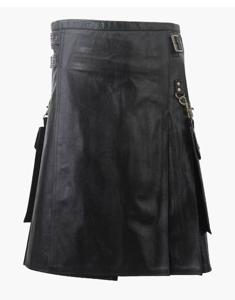 DETACHABLE POCKETS IN A BLACK LEATHER KILT - Scottish Kilt Jacket™ USA-UK