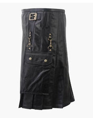 DETACHABLE POCKETS IN A BLACK LEATHER KILT - Scottish Kilt Jacket™ USA-UK