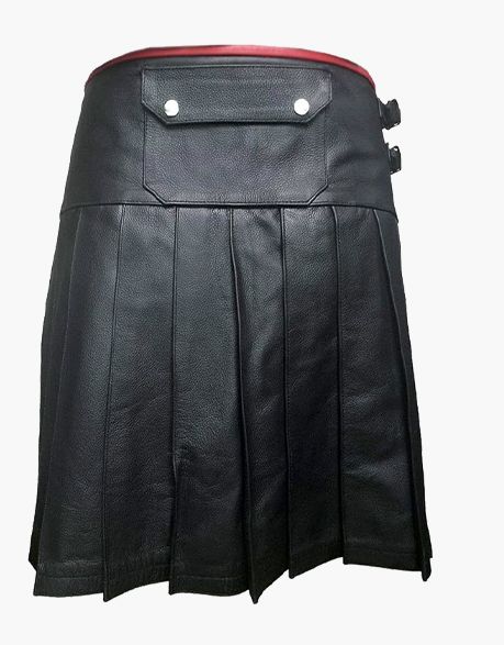 KILT IN BLACK LEATHER WITH RED PIPING - Scottish Kilt Jacket™ USA-UK