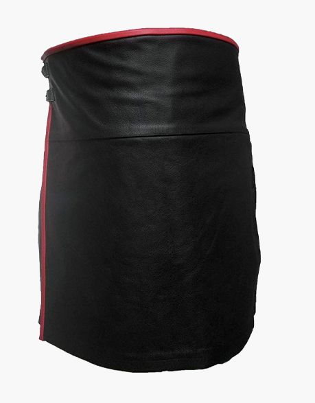 KILT IN BLACK LEATHER WITH RED PIPING - Scottish Kilt Jacket™ USA-UK