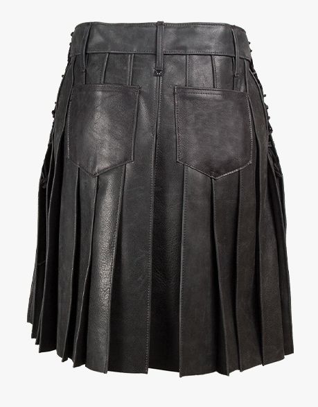 Utility style black leather kilt with laces - Scottish Kilt Jacket™ USA-UK