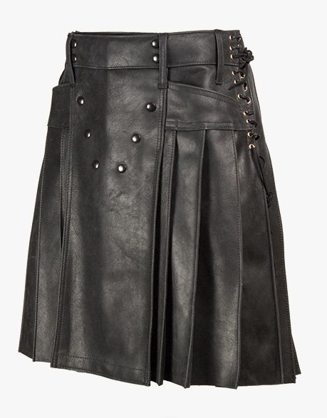 Utility style black leather kilt with laces - Scottish Kilt Jacket™ USA-UK