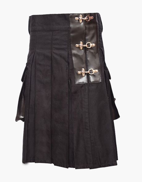 Utility kilt in black with a leather belt - Scottish Kilt Jacket™ USA-UK