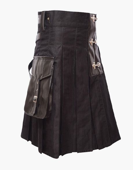 Utility kilt in black with a leather belt - Scottish Kilt Jacket™ USA-UK