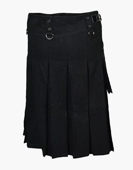 DUTY KILT IN BLACK WITH LEATHER STRAPS - Scottish Kilt Jacket™ USA-UK