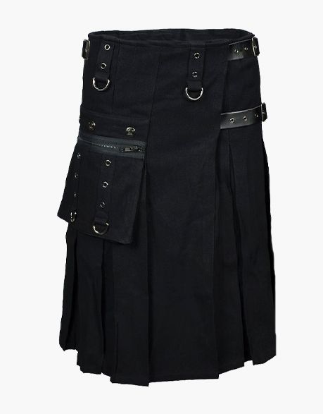 DUTY KILT IN BLACK WITH LEATHER STRAPS - Scottish Kilt Jacket™ USA-UK