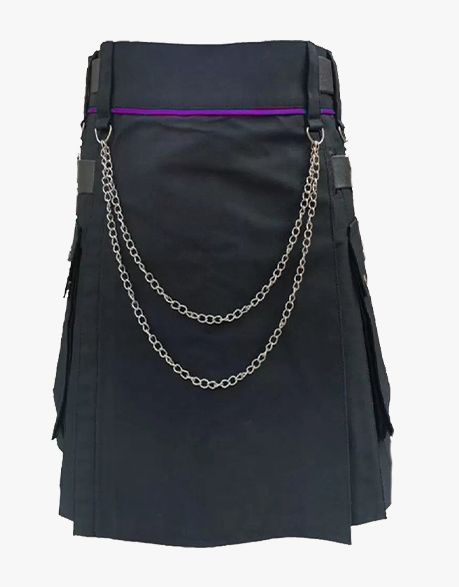 Utility Kilt in Black with Silver Chains - Scottish Kilt Jacket™ USA-UK