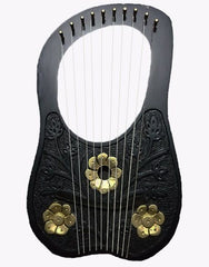 Black rosewood lyre harp featuring golden flowers and ten metal strings - Scottish Kilt Jacket™ USA-UK