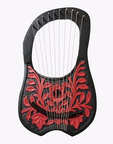 Ten metal strings on a black lyre harp with red flowers - Scottish Kilt Jacket™ USA-UK