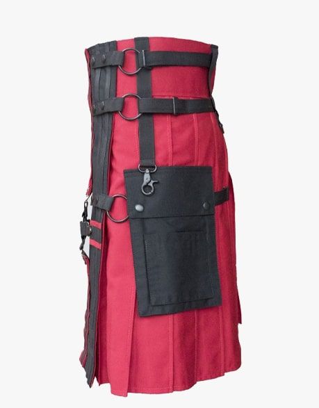 RED GOTHIC UTILITY KILT WITH CROSS STRAPS & BLACK APRON - Scottish Kilt Jacket™ USA-UK