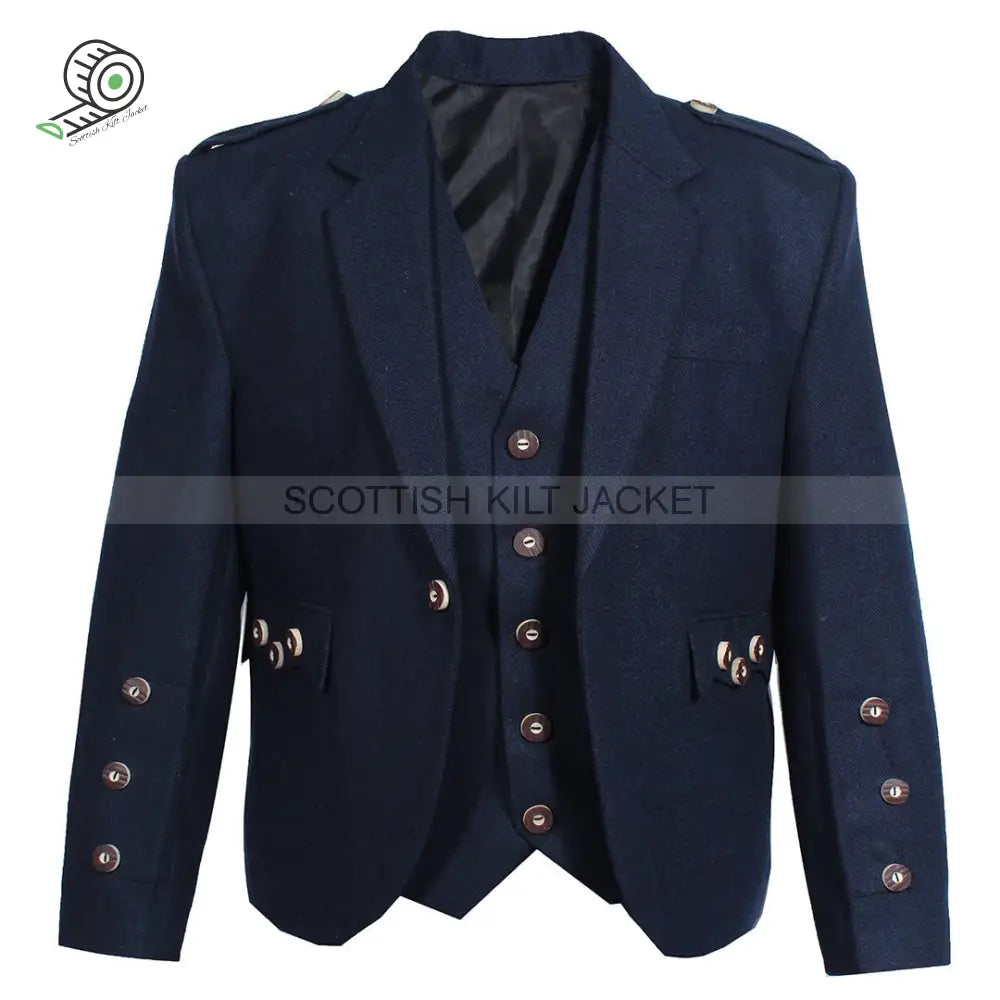 Blue Tweed Wool Fabric Argyll Jacket With Five Button Kilt Jackets