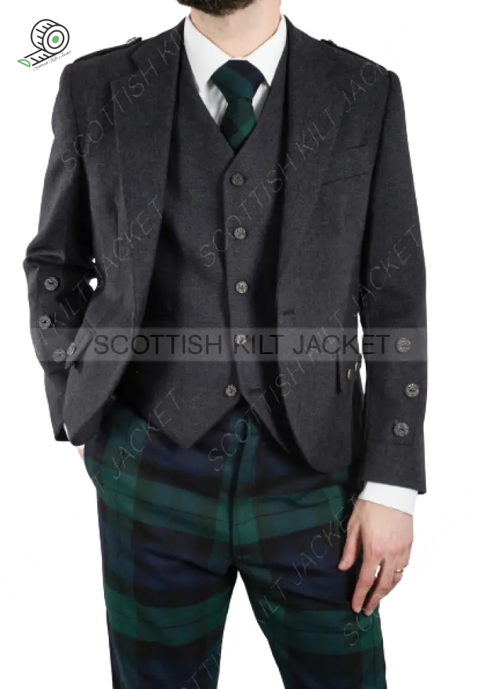 Braemar Charcoal Tweed Kilt Jacket & 5 Buttons Vest