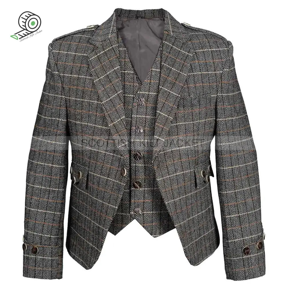 Brown Argyll Tweed Wool Jacket With Vest And Waistcoat Kilt Jackets