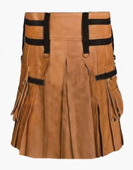 KILT IN BROWN LEATHER WITH DETACHABLE APRON - Scottish Kilt Jacket™ USA-UK