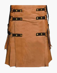 KILT IN BROWN LEATHER WITH DETACHABLE APRON - Scottish Kilt Jacket™ USA-UK