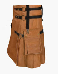 KILT IN BROWN LEATHER WITH DETACHABLE APRON - Scottish Kilt Jacket™ USA-UK