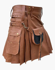 KILT IN BROWN LEATHER WITH A SPORRAN FRONT - Scottish Kilt Jacket™ USA-UK