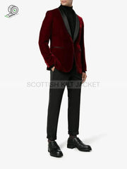 Burgundy Velvet Slim Fit Blazers Smoking Jackets