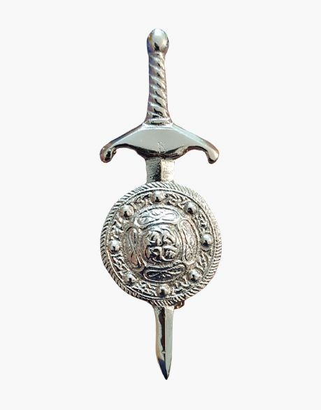 CHROME SWORD KILT PIN WITH DESIGN OF CELTIC SHIELD - Scottish Kilt Jacket™ USA-UK