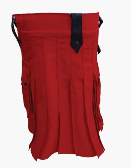 ELEGANT RED UTILITY KILT WITH BELT LOOPS AND LEATHER STRAPS