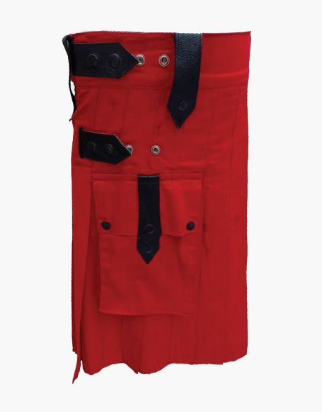 ELEGANT RED UTILITY KILT WITH BELT LOOPS AND LEATHER STRAPS