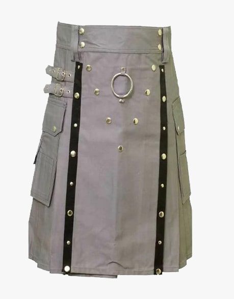 Grey Utility Kilt - Gothic Style - Grey Belted Kilt - Scottish Kilt Jacket™ USA-UK